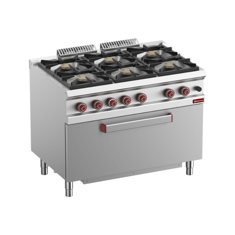 Fourneau 6 feux vifs, four gaz GN 2/1, armoire neutre