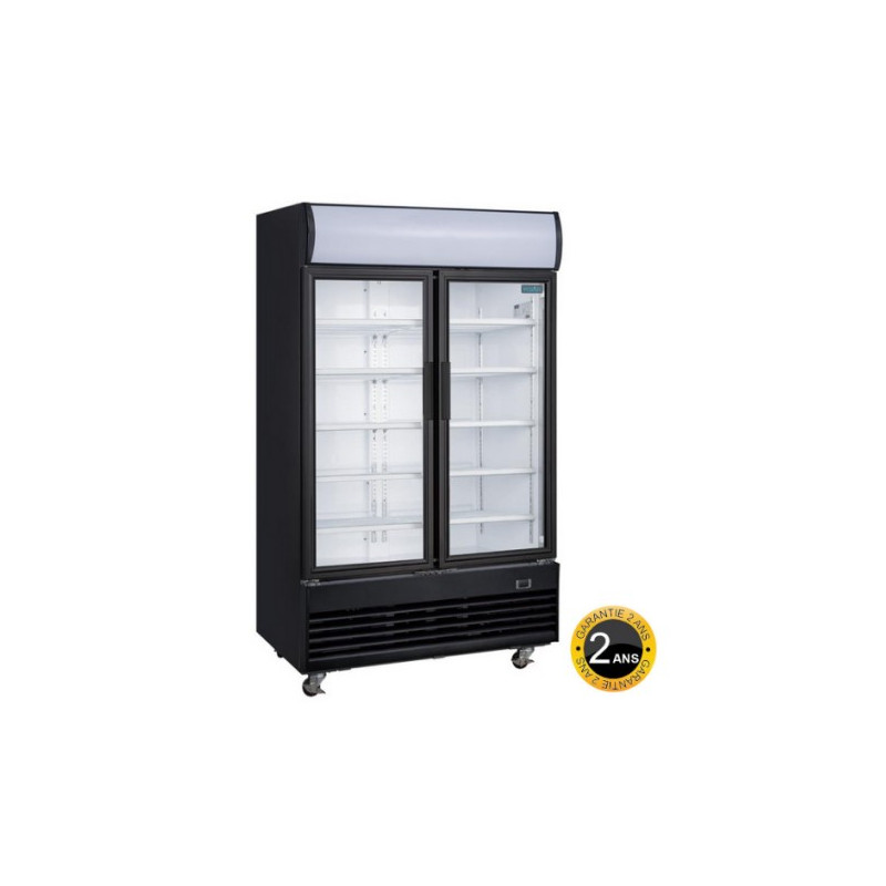 armoire vitrée noire 2 portes avec étiquette prix pour stockage et vente de boisson équipement CHR