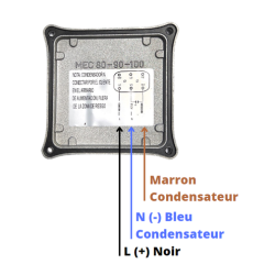 Schéma electrique de branchement du moteur de désenfumage Sodéca monophasé.