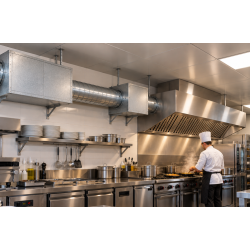 Exemple d'image d'installation d'une cuisine pro CHR avec caisson motorisé et caisson à charbon filtrant.