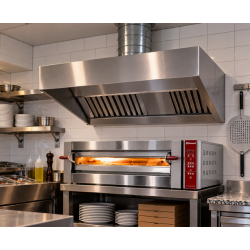Hotte inox professionnelle pour absorption des fumées de four à pizza ou élément de cuisson à grande dimensions.