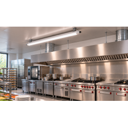 Image d'installation d'une grande hotte pro inox pour cuisine centrale, industrielle et scolaire.